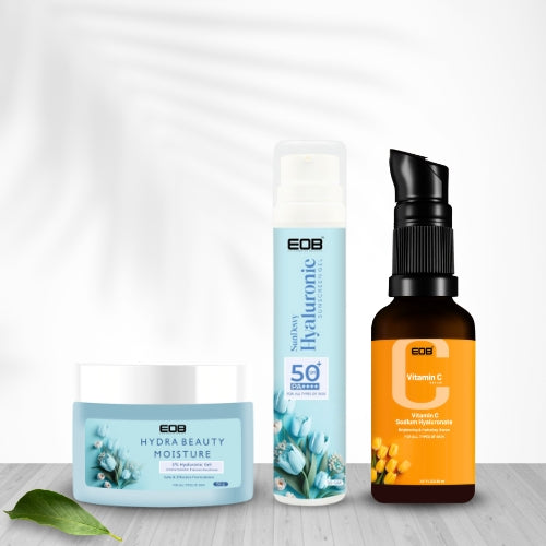 "EOB Skincare Combo – SPF 50 Sunscreen, Vitamin C Serum & Hydra Gel | Matte, Brightening & Hydrating"